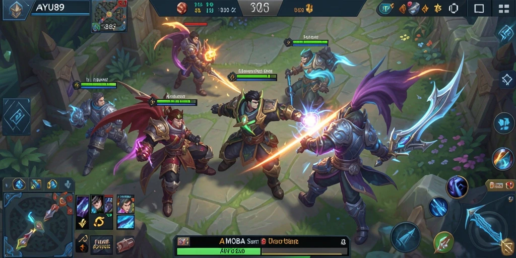 Tangkapan layar utama AYU89 menampilkan aksi gameplay MOBA yang intens.