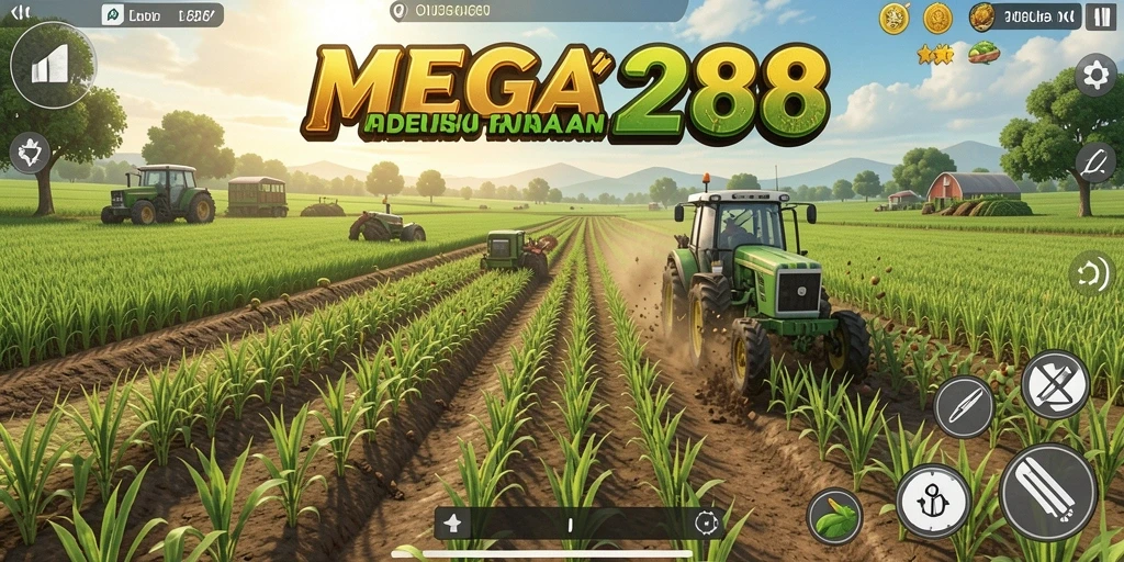 Screenshot MEGA288 menampilkan aksi seru dalam mengelola lahan pertanian.