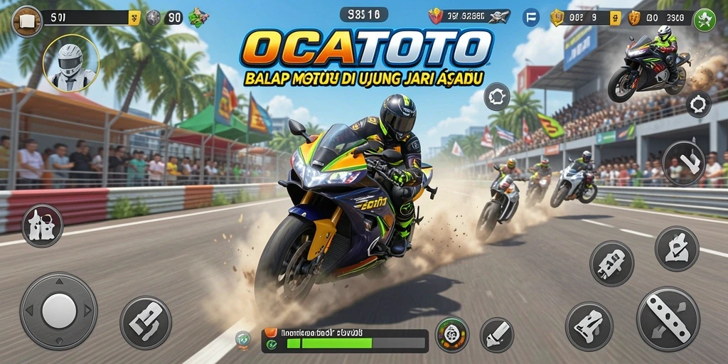 Screenshot gameplay OCATOTO menampilkan aksi balap motor yang mendebarkan.