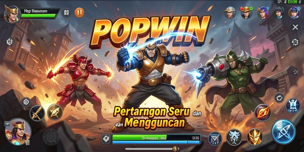Screenshot utama POPWIN menampilkan aksi pertarungan seru dan karakter dinamis.