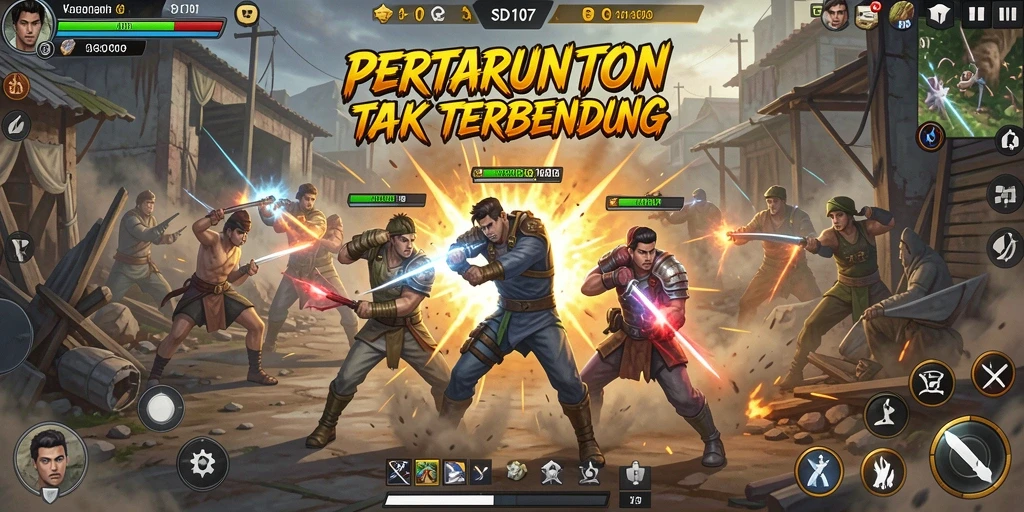 Gameplay mendebarkan dengan karakter bertarung di arena yang spektakuler.